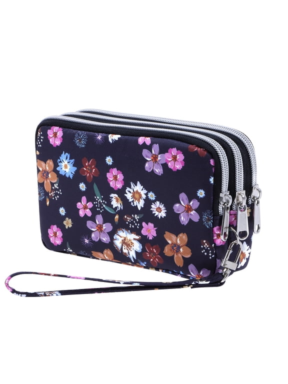 Wristlet Purse for Women Credit Card Holder Wallet with 3 Zipper Handbag Wallet Floral Printing, Colorful Flower