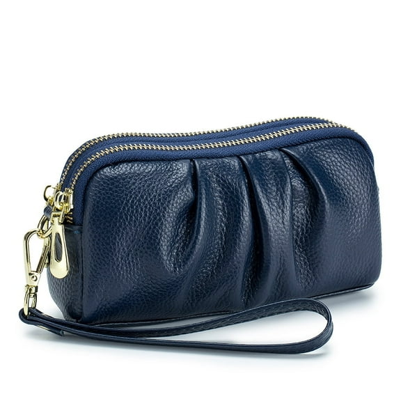 HAWEE Women's Wristlet Wallet Genuine Leather Double Zipper Casual Ruched Clutch Purse, Blue