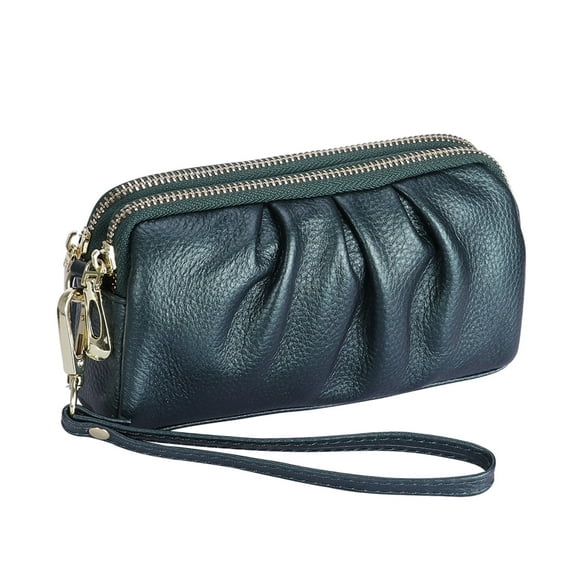 HAWEE Women's Wristlet Wallet Genuine Leather Double Zipper Casual Ruched Clutch Purse, Green