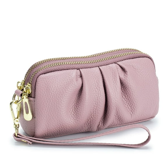 HAWEE Women's Wristlet Wallet Genuine Leather Double Zipper Casual Ruched Clutch Purse, Light Purple