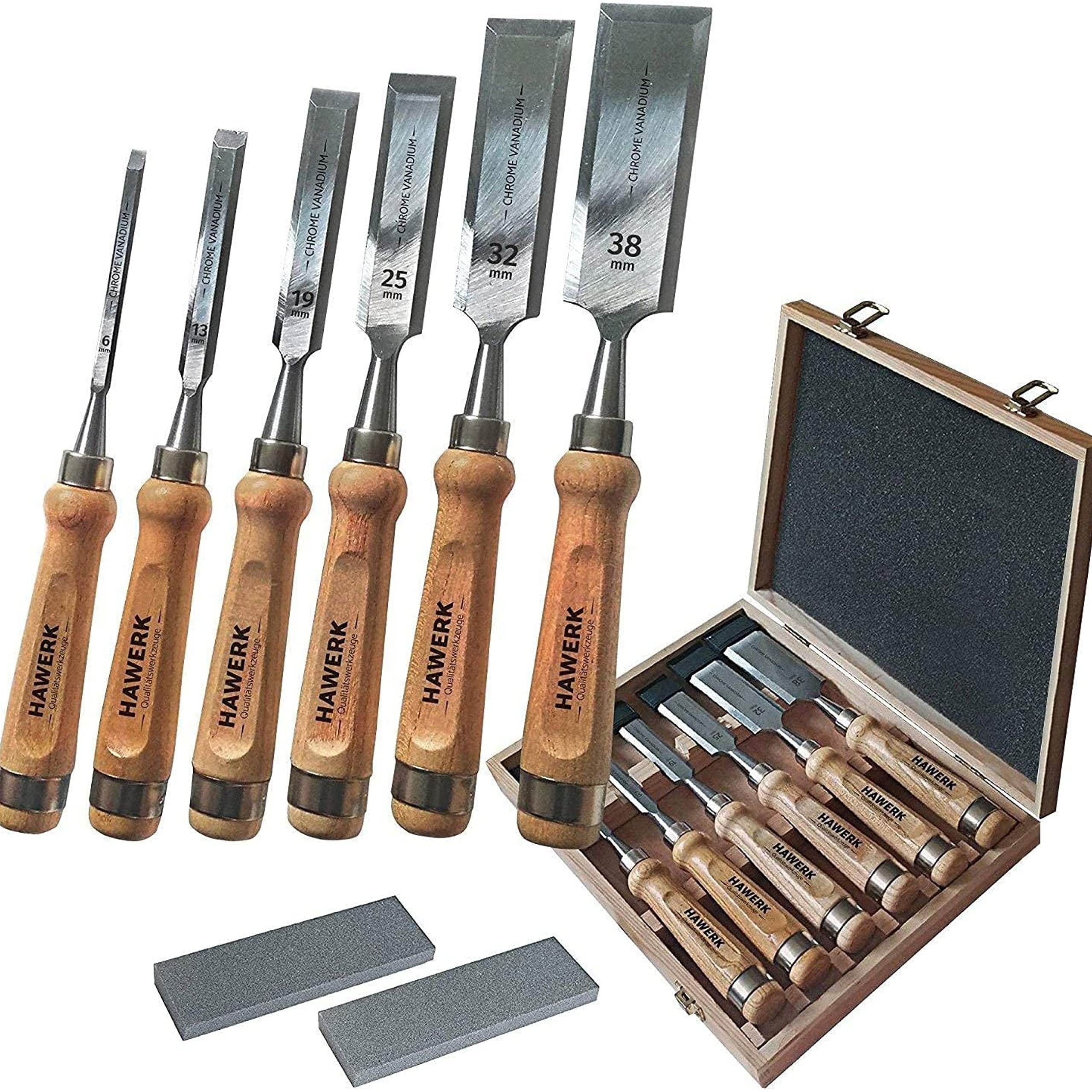 WRKSHP Wood Chisel Set (8 pcs) with Premium Wooden Storage Case, Sharpening  Stone, Honing Guide & Protective Caps - Wood Chisels for Woodworking