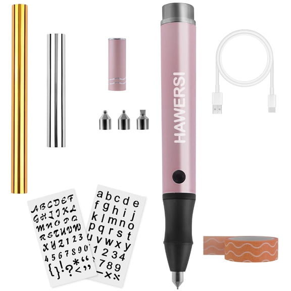 HAWERSI Cordless Hot Foil Pen Starter Kit,Foil Quill Tool with Stencil Sheets,4 Metal Tips(Fine,Standard,Bold,and Flat),Rolls in Gold,Silver and Placement Tape DIY Scrapbooks,Leather,Cards