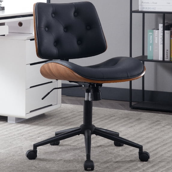 HAWGUAR Armless Home Office Chair with Wheels Mid Back Modern Walnut Chair Small Desk Chair No Arms Leather Computer Chair for Office, Meeting Room,Makeup Room (Black)