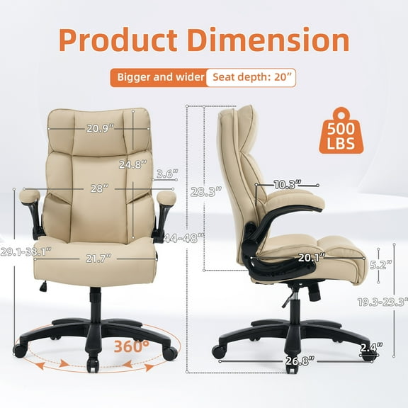 HAWGUAR Big and Tall Office Chair with Adjustable Arm High Back Executive Chair 500 lbs Leather Heavy Duty Managerial Chair for Working Gaming