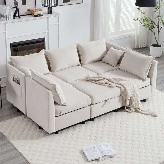 HAWGUAR Modular Sectional Sofa Convertible L U Shaped Sofa Couch with Storage, Comfy Cloud Sleeper Sectional Sofa Bed Set, Modern DIY Combination Couches for Living Room, Apartment(Beige)