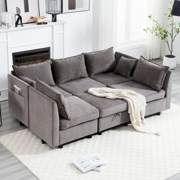 HAWGUAR Modular Sectional Sofa Convertible L U Shaped Sofa Couch with Storage, Comfy Cloud Sleeper Sectional Sofa Bed Set, Modern DIY Combination Couches for Living Room, Apartment(Grey)