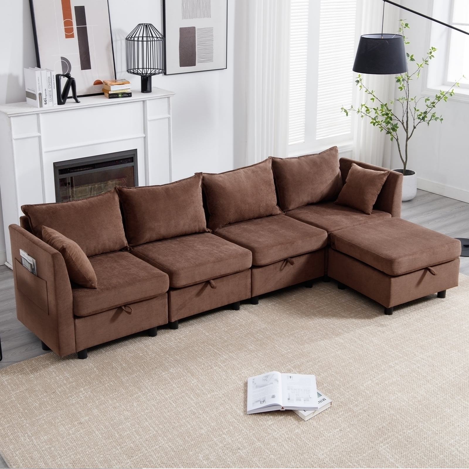 114-Inch Modular U-Shaped Sectional Sofa With Storage Ottoman - Waterproof Beige Fabric, Cloud Couch Style