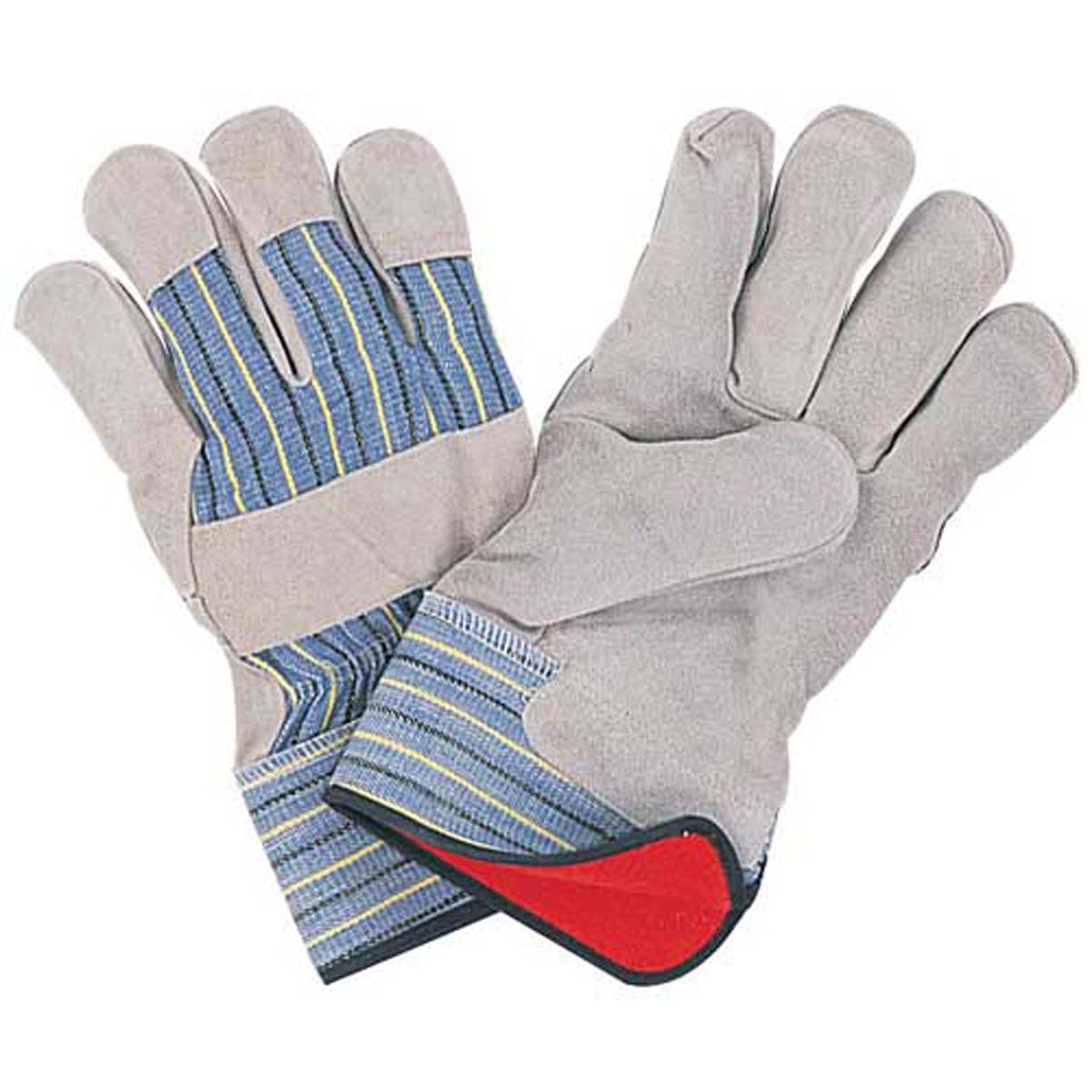 HAWK (2 Pairs) Men's Heavy Duty | Size Large (L) | Red Cotton Lined |  Leather Palm Gloves | Blue & Yellow Striped Cotton Back | Gauntlet Cuff