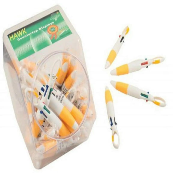 HAWK 5.5" (14 cm) Multi-Color Pens with Carabiner Ends | 4-Ink Convenience | Attractive Display Jar of 60 Pieces | Ideal for Retail