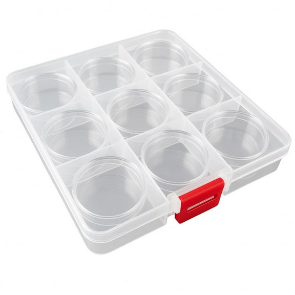 HAWK Divided Storage Box | 5.5"x 5.5"x 1" (14 cm x 14 cm x 2.5 cm) | With 9 Round Containers 1 5/8" (4.1 cm) Diameter | Clear Durable Plastic