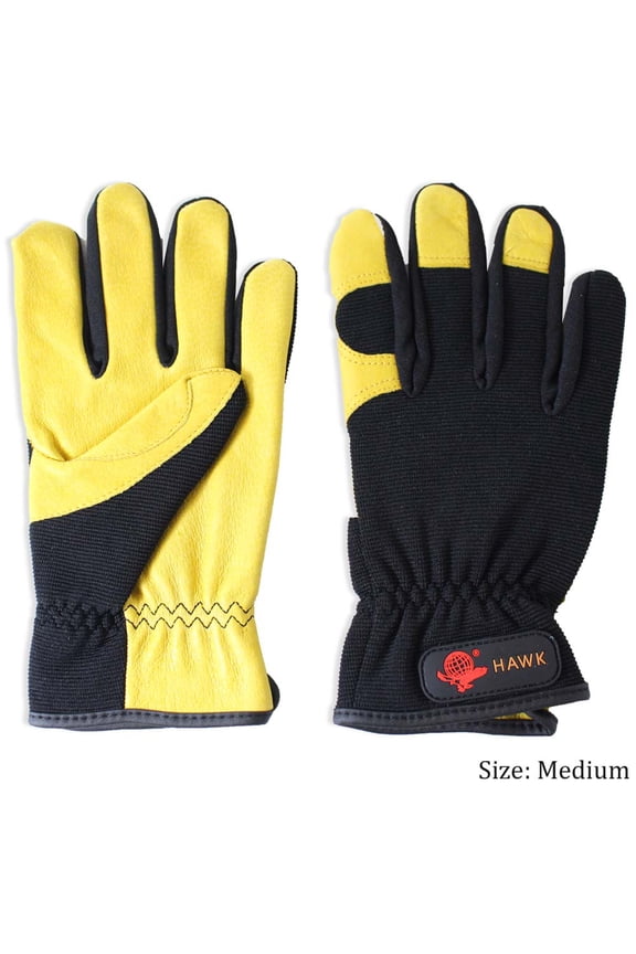HAWK Men's Yellow Leather Gloves with Breathable Black Nylon Backs | Size Medium (M) | Ultimate Comfort & Protection | Adjustable Wrist | Stylish Contrast Design