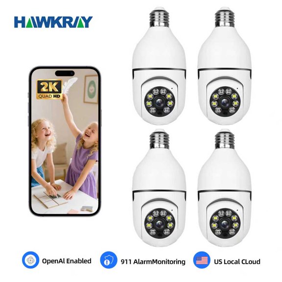 HAWKRAY 360 Panoramic Monitoring 2K Quad HD Surveillance Camera, White, 4 Pack