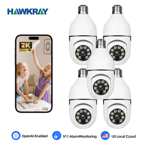 HAWKRAY AI Smart Security Camera, 2K Quad HD, PTZ Bulb Camera with Two-Way Audio, Night Vision, Motion Detection, White, 5-Pack