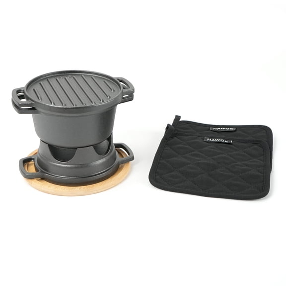 HAWOK 6 Piece Stove Set, Potable Cast Iron Charcoal Grill Stove with 1QT Dutch Oven, with Multipurpose Lid, Five-Leg Buffet Tray, Multipurpose Mini BBQ Stove Set