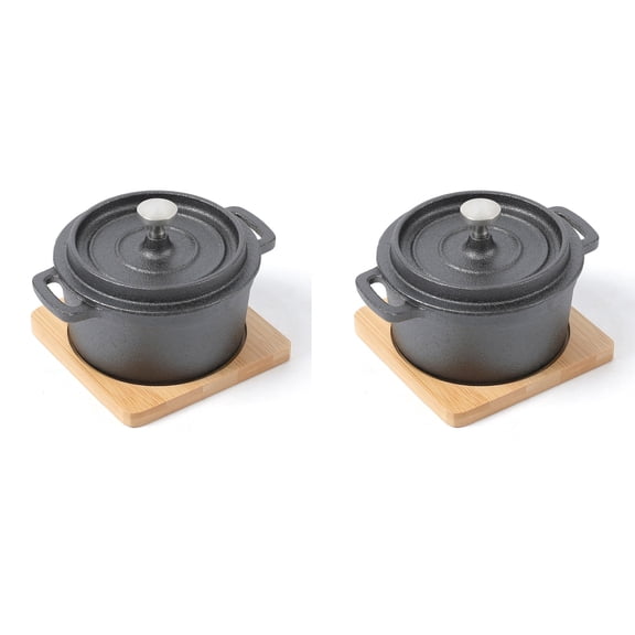 HAWOK Cast Iron Mini Round Cocotte Set, Dia.3.9, 9oz. Mini Dutch Oven with Bamboo Tray, Set of 2, Pre-seasoned