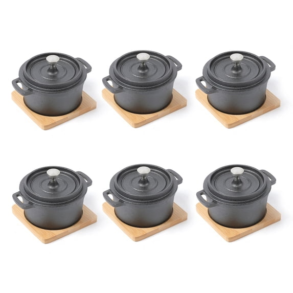 HAWOK Cast Iron Mini Round Cocotte Set, Dia.3.9”, 9oz. Mini Dutch Oven with Bamboo Tray, Set of 6, Pre-seasoned