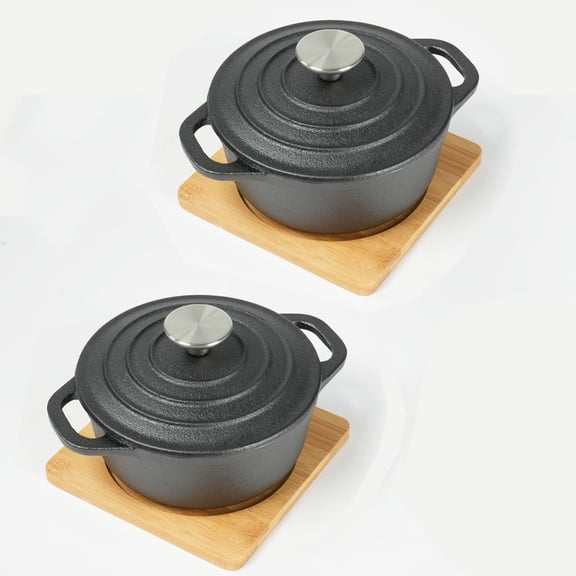 HAWOK Cast Iron Mini Round Cocotte Set, Mini Dutch Ovens with Lids and Bamboo Trays, 667ml/22.57oz/2.82cups, Set of 2, Black