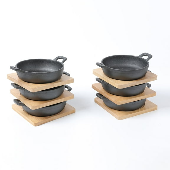 HAWOK Cast Iron Mini Serving Bowl Dia 4.7 inch with Bamboo Tray set of 6