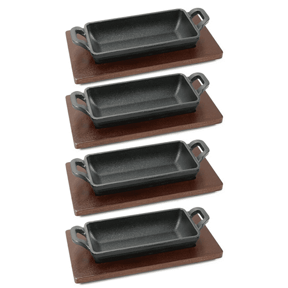 HAWOK Cast Iron Rectangle Mini Server, Serving Dish Pans, with Wooden Underliner, Set of 4 Black