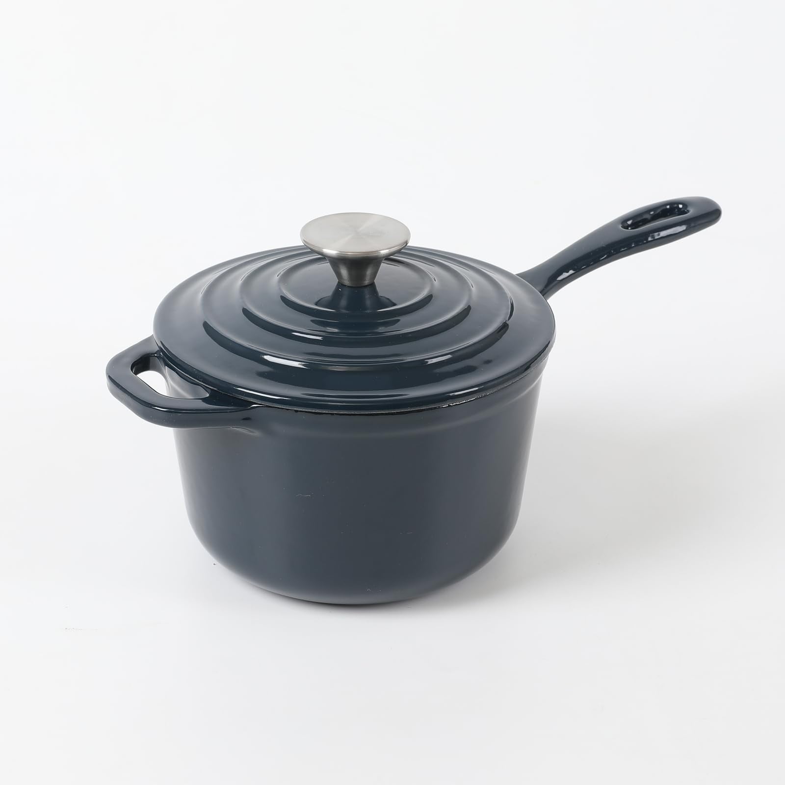 HAWOK Enameled Cast Iron Mini Saucepan, 1QT Non-stick Saucepan with Lid and Long Handle, Navy Blue