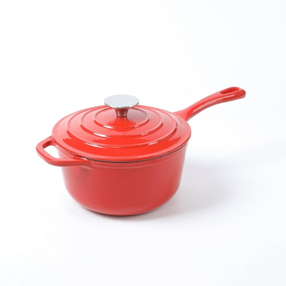 HAWOK Enameled Cast Iron Saucepan, 2.65QT Saucepan with Lid and Long Handle, Grey