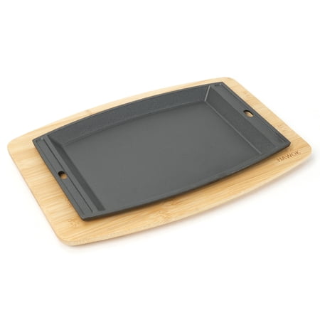 HAWOK Pre-Seasoned Cast Iron Sizzler Plate with Bamboo Serving Board, 11.6" x 7.6" Rectangular Fajita Griddle, 2-Piece Set