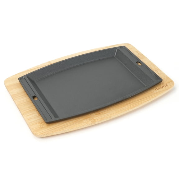 HAWOK Pre-Seasoned Cast Iron Sizzler Plate with Bamboo Serving Board, 11.6" x 7.6" Rectangular Fajita Griddle, 2-Piece Set