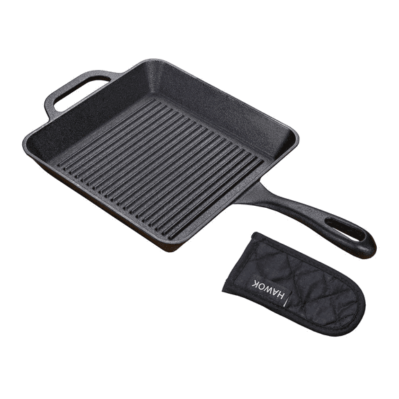 HAWOK Pre-seasoned Cast Iron Square Griddle with Assist Handle 10 inch Black
