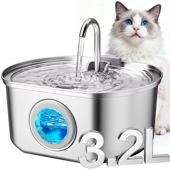 HAWQP Stainless Steel Cat Water Fountain, 108oz/3.2L Automatic Pet Water Dispenser with Quiet Pump and Filter System for Cats and Dogs, Indoor Pet Drinking Fountain