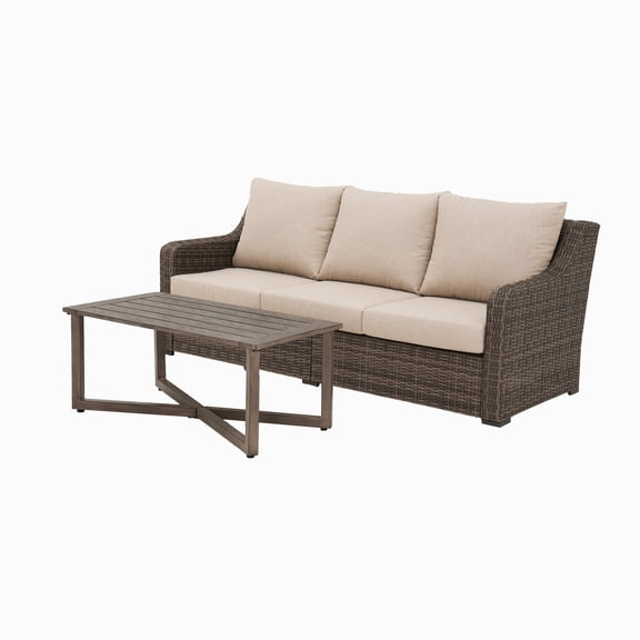 Better Homes & Gardens Hawthorne Park Outdoor Sofa and Coffee Table with Beige Cushions