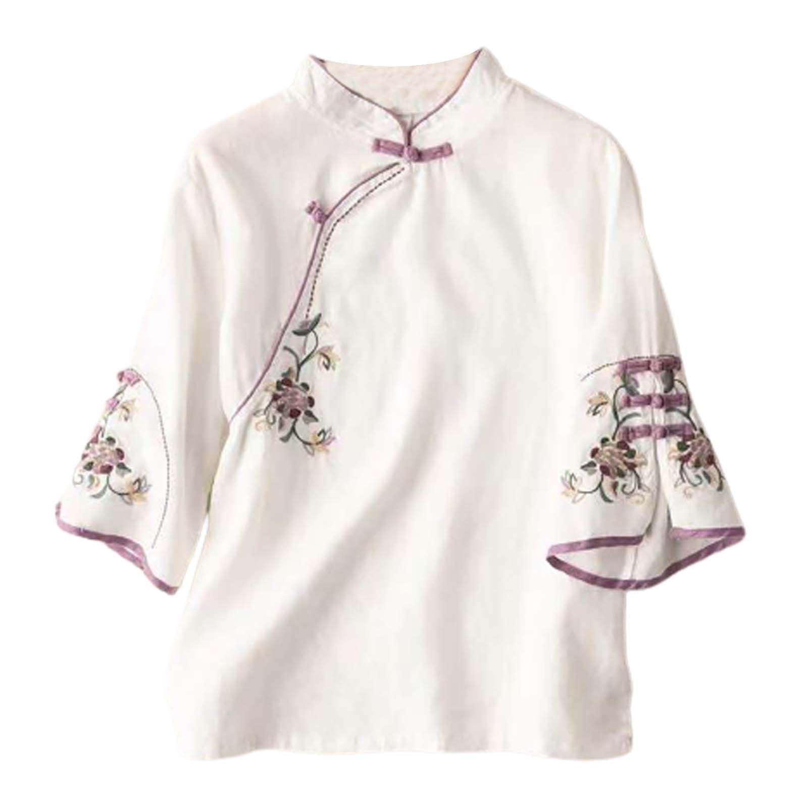 HAXMNOU Blouses for Women Casual Fall Plus Size New Ethnic Style Wind Embroidery Cotton And