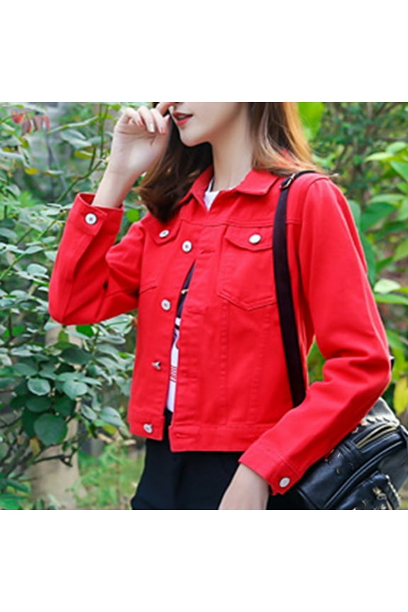 Denim Jacket For Women Women Fashion Lapel Solid Casual Denim Buttons Blazer Jeans Jacket Cardigan Jean Jacket Women Red M