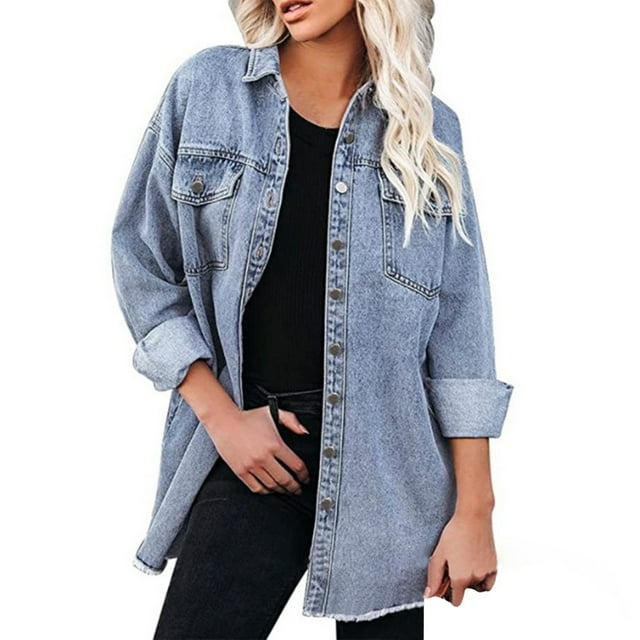 HAXMNOU Denim Jacket For Women Women's Oversized Loose Boyfriend Denim