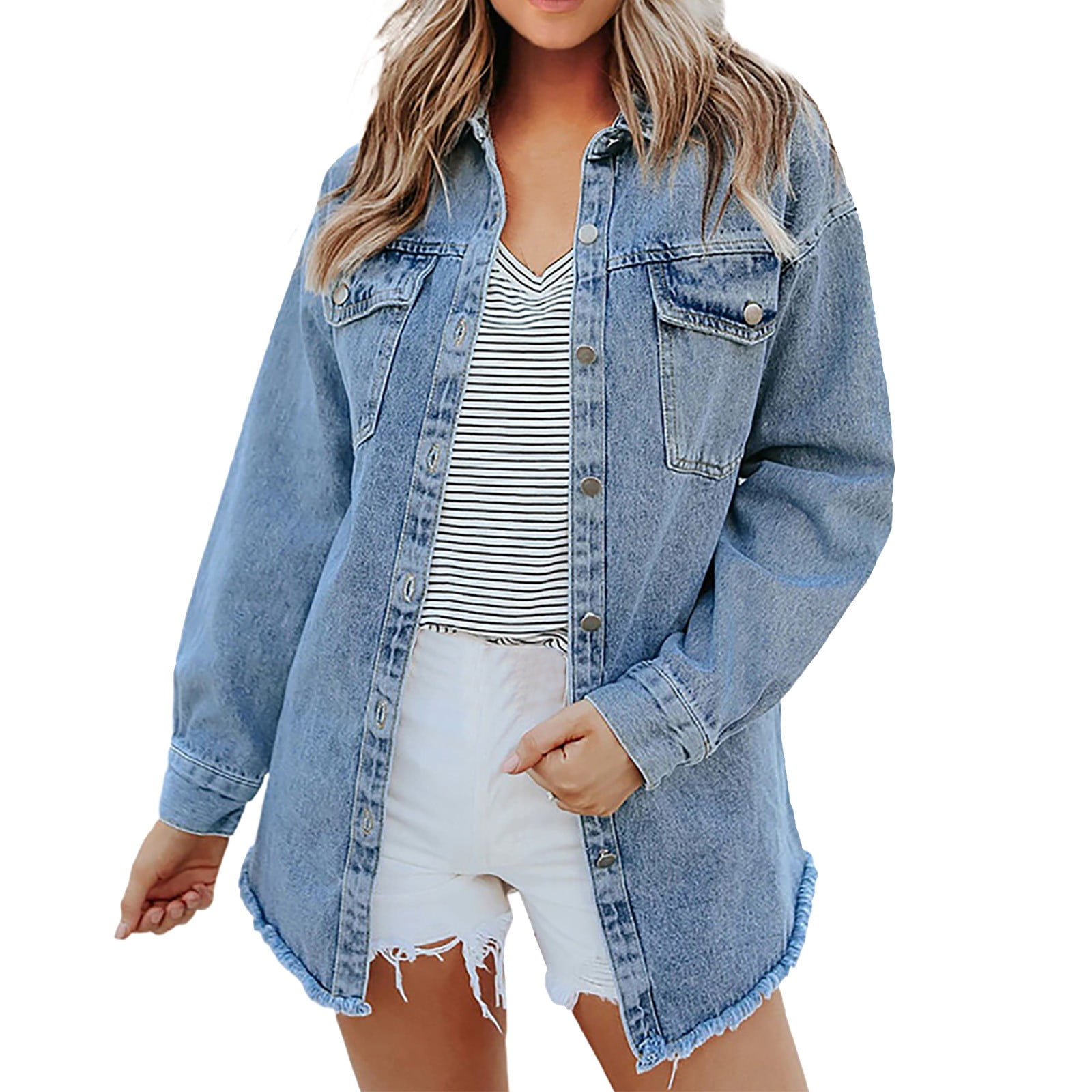 HAXMNOU Denim Jacket For Women Women's Solid Color Washed Denim Jacket