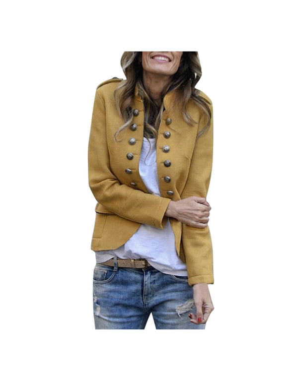 Jackets for Women Trendy Womens Double Button Front Military Style Blazer Ladies formal Jacket Women's Coats Yellow XL