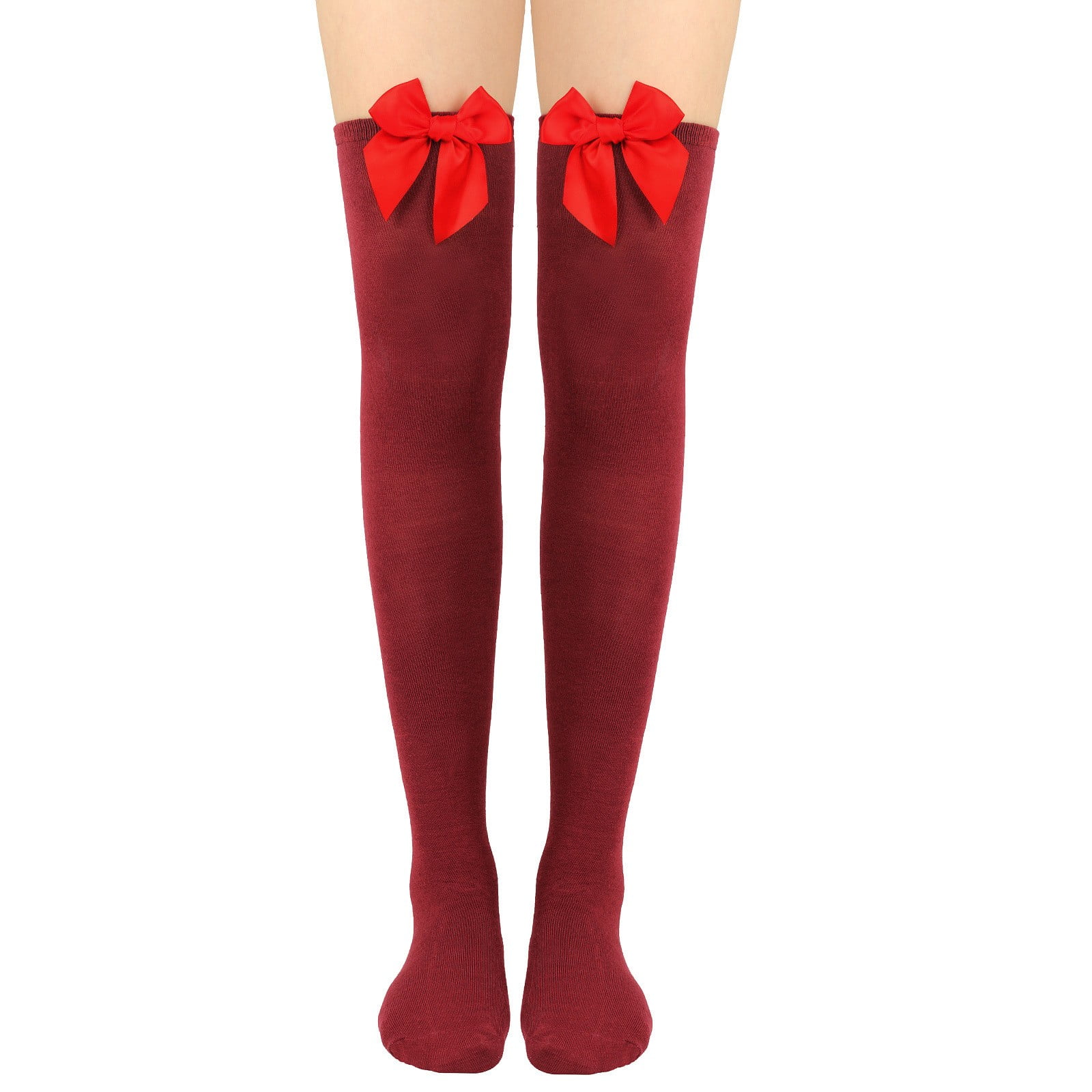 Haxmnou Knee High Socks Women Festival Pure Color Long Socks Bowknot Thigh High Socks Over The 3766