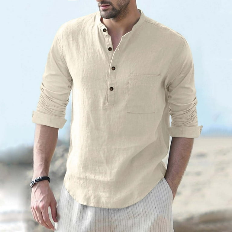 HAXMNOU Men Cotton Linen Shirt Long Sleeve Button Henley Hippie Casual  Beach Top Tee Beige S