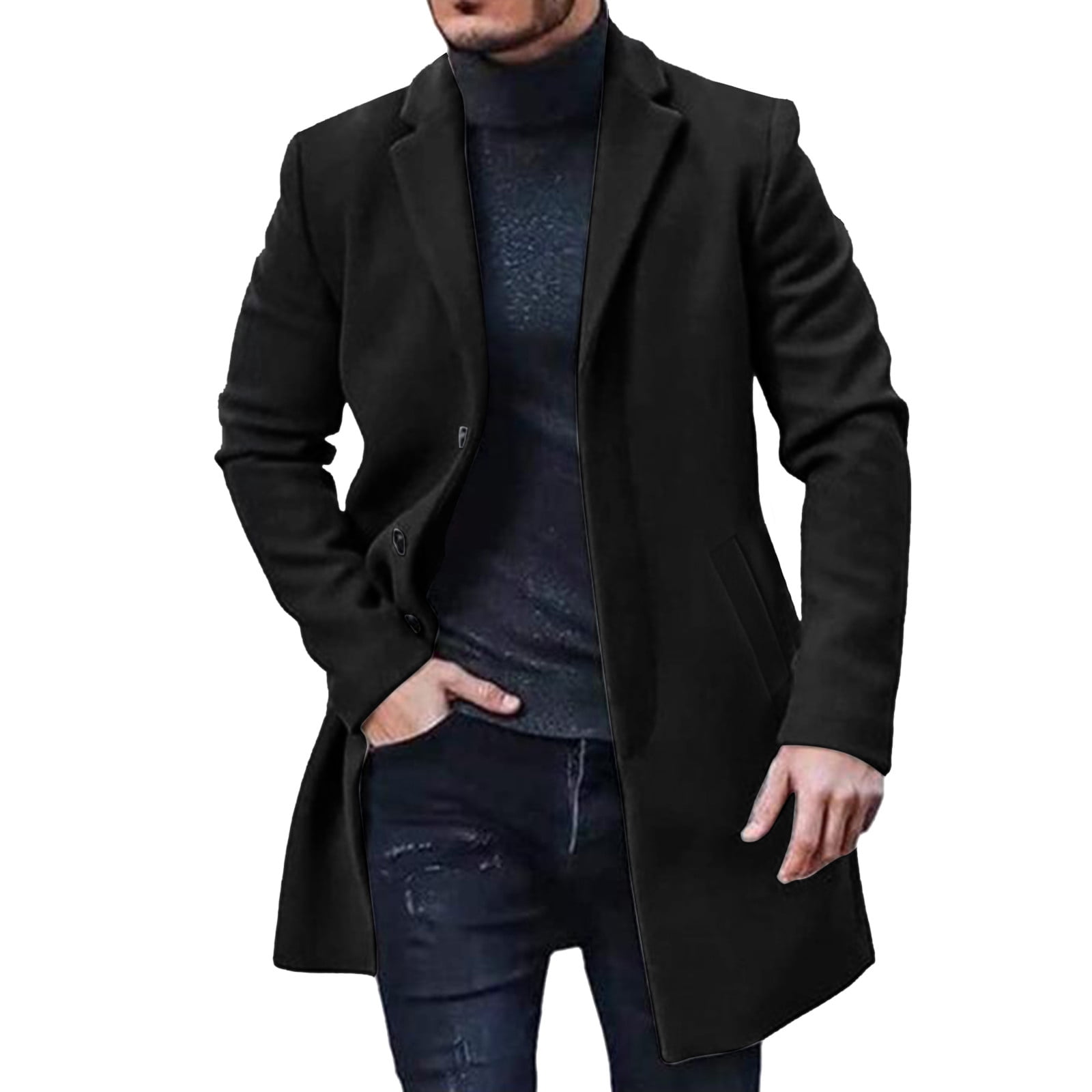 HAXMNOU Men Wool Coat Winter Trench Coats Long Sleeve Button Up Jacket ...