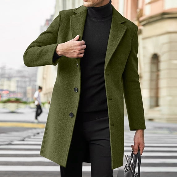 HAXMNOU Men Wool Coat Winter Trench Coats Long Sleeve Button Up Jacket Outwear Overcoat Green XXXL