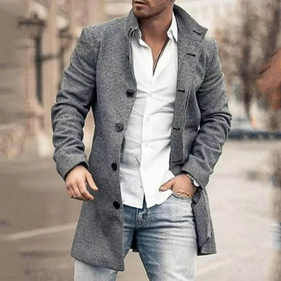 HAXMNOU Men Wool Coat Winter Trench Coats Long Sleeve Button Up Jacket Outwear Overcoat Grey M