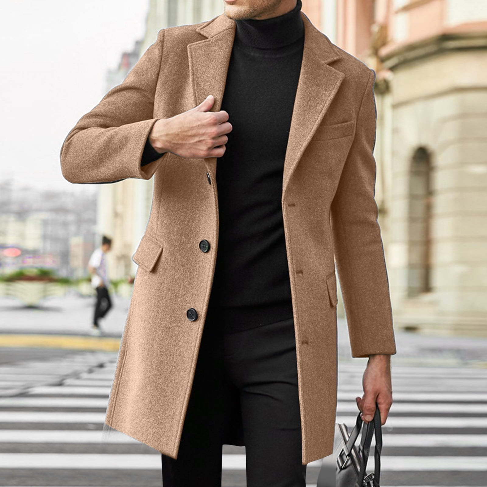 HAXMNOU Men Wool Coat Winter Trench Coats Long Sleeve Button Up Jacket Outwear Overcoat Khaki XXL Walmart