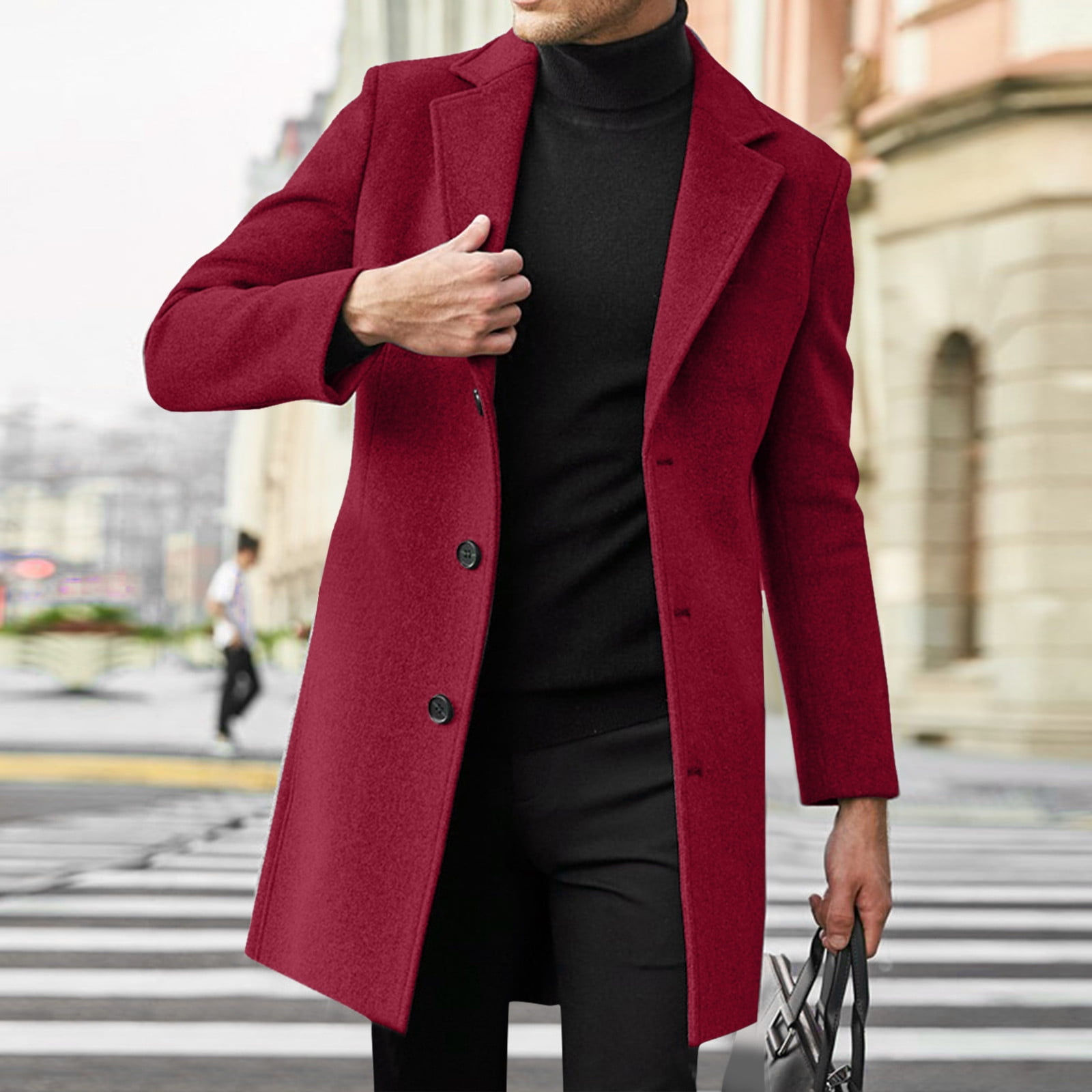 haxmnou men wool coat winter trench coats long sleeve button up jacket  outwear overcoat grey l（Please Buy One Size Larger）