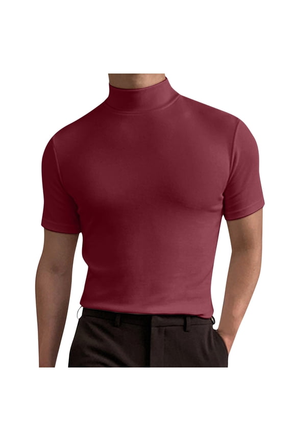 Mens T Shirt Short Sleeve Basic Turtleneck Slim Fit Pullover Solid Tops Suitable for Spring And Early Summer Red M
