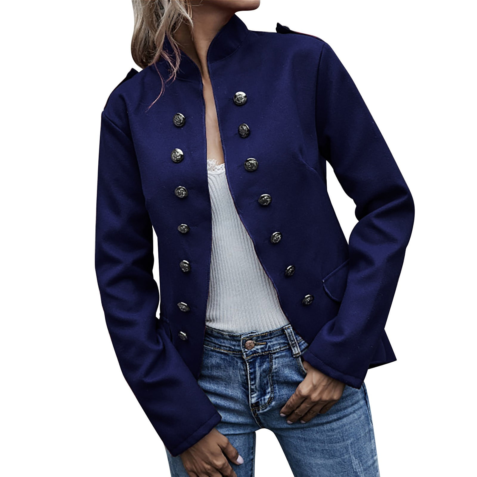 Military Blazer Navy Blue Army Jacket Haxmnou Womens Double Button