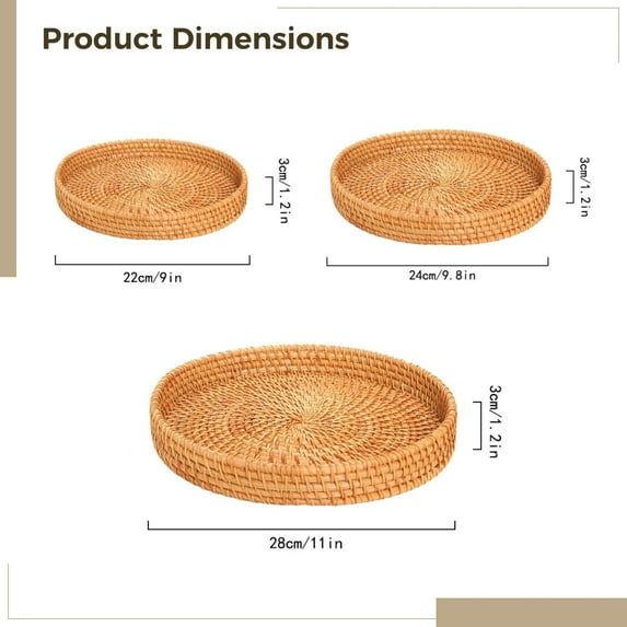HAXMNOU Round Rattan Tray Rattan Round Serving Tray Wicker Woven Bread Basket with Handles and Decorative Display Tray for Snacks Coffee Fruit or Breakfast Table Use9.8x1.2 Inch