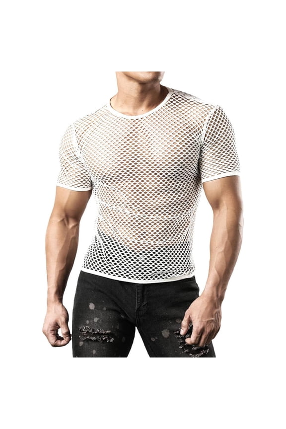 Short Sleeve See Through Mesh Fishnet Pullover T Shirt for Men Casual Muscle Gym Tee Shirt Top White XXL