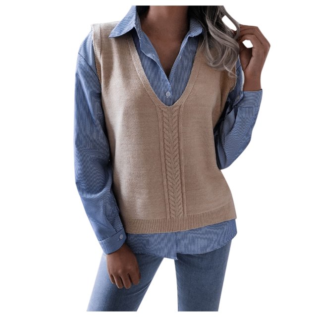 HAXMNOU Solid Color Sweater Vest Women V Neck Sleeveless Sweaters