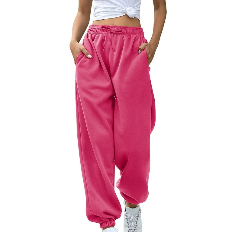 HAXMNOU Straight Leg Long Sweatpants for Women Solid Color Sport Jogger Pants High Waist Casual Trousers with Pockets Hot Pink XXL Walmart