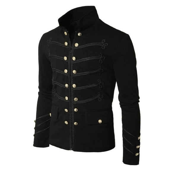 HAXMNOU Vintage Men Gothic Steampunk Military Parade Jacket Cardigan Outwear Coat Black XL