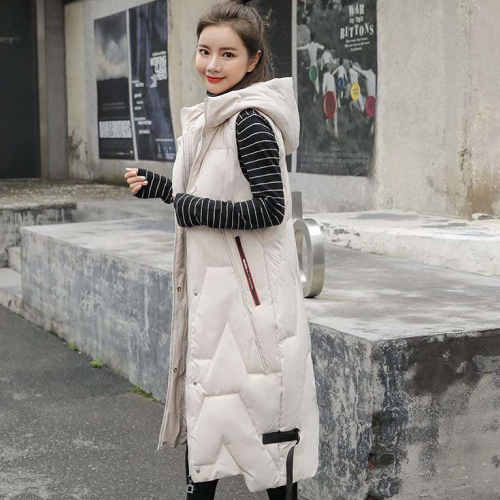 HAXMNOU WOMEN S LADIES LONG LINE HOODED PUFFER GILET JACKET PADDED VEST TOP BODY WARMER White M